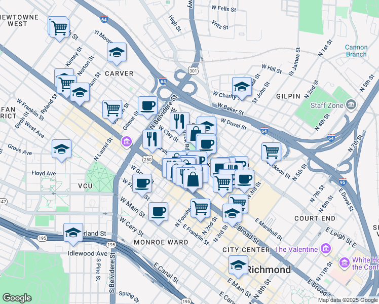 map of restaurants, bars, coffee shops, grocery stores, and more near 115 West Clay Street in Richmond