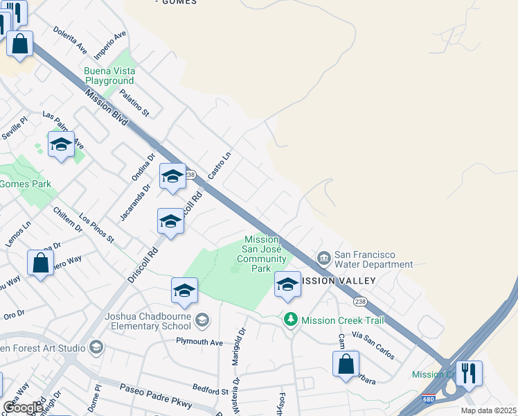 map of restaurants, bars, coffee shops, grocery stores, and more near 41252 Mission Boulevard in Fremont