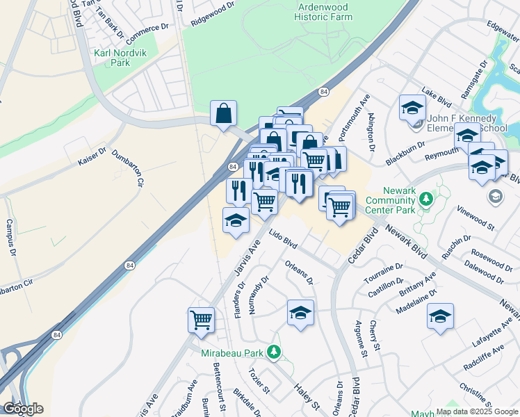 map of restaurants, bars, coffee shops, grocery stores, and more near 6359 Jarvis Avenue in Newark