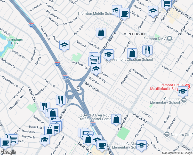 map of restaurants, bars, coffee shops, grocery stores, and more near 37109 Dondero Way in Fremont
