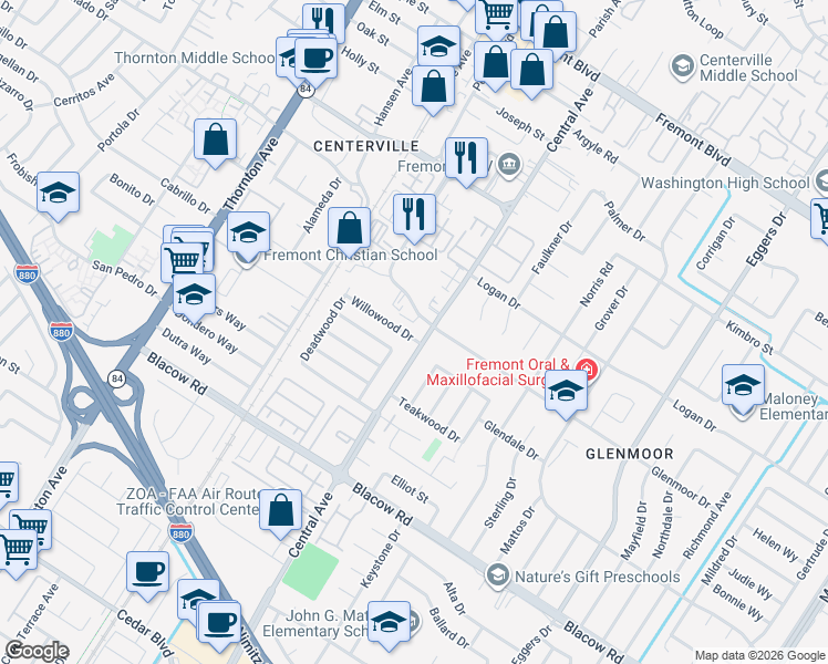 map of restaurants, bars, coffee shops, grocery stores, and more near 37512 Willowood Drive in Fremont