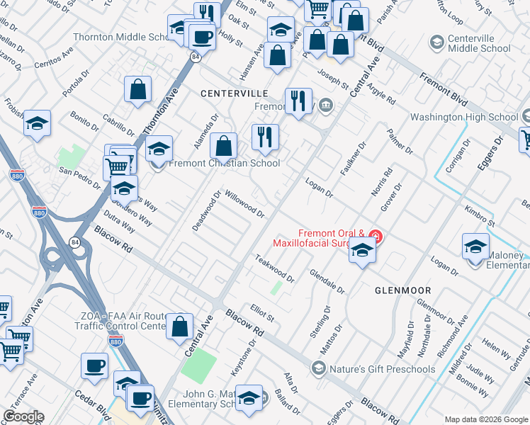 map of restaurants, bars, coffee shops, grocery stores, and more near 37512 Willowood Drive in Fremont