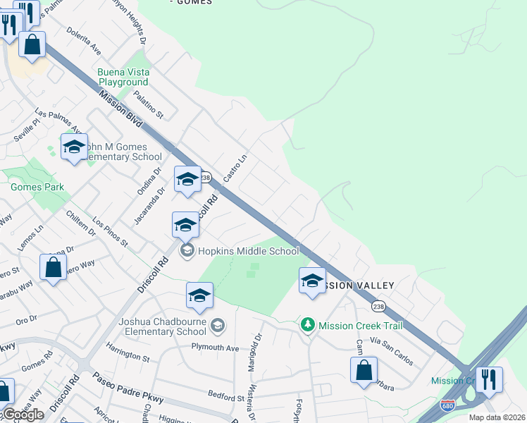 map of restaurants, bars, coffee shops, grocery stores, and more near 41353 Charlita Court in Fremont