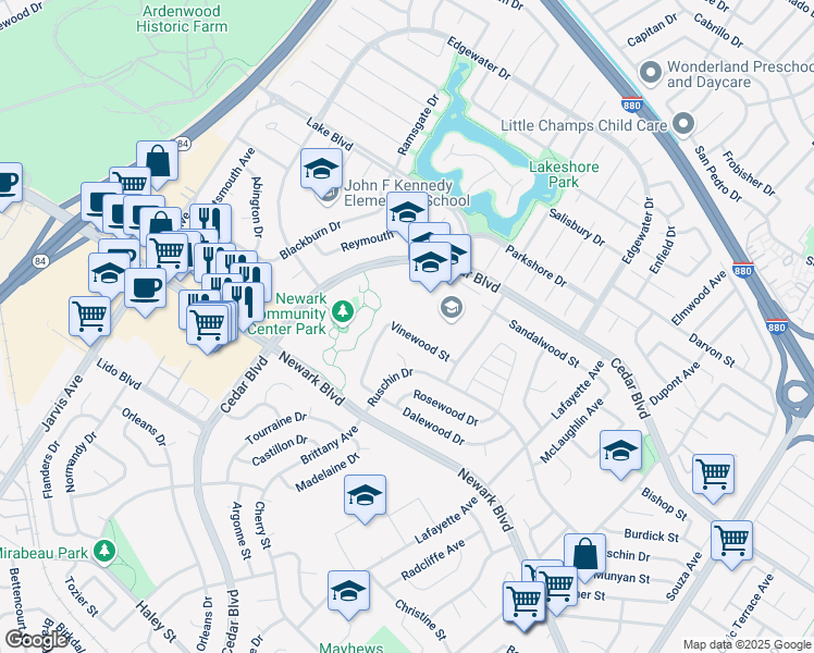 map of restaurants, bars, coffee shops, grocery stores, and more near 35794 Vinewood Street in Newark