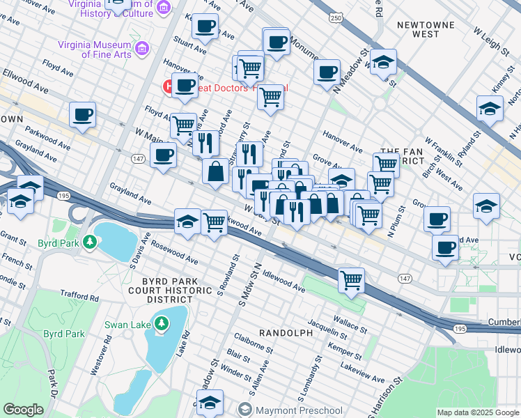map of restaurants, bars, coffee shops, grocery stores, and more near 2015 West Cary Street in Richmond