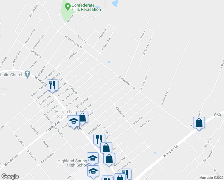 map of restaurants, bars, coffee shops, grocery stores, and more near 211 North Ivy Avenue in Henrico