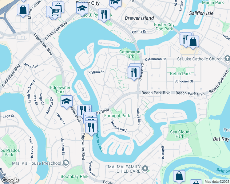 map of restaurants, bars, coffee shops, grocery stores, and more near 836 Peary Lane in Foster City