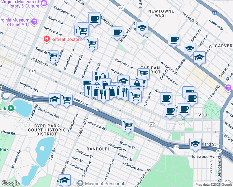 map of restaurants, bars, coffee shops, grocery stores, and more near 8 North Allen Avenue in Richmond