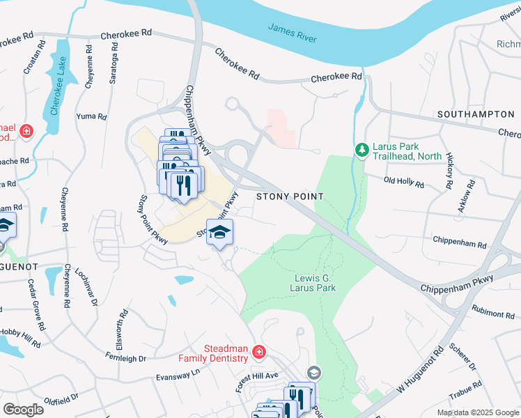 map of restaurants, bars, coffee shops, grocery stores, and more near 9103 Stony Point Drive in Richmond