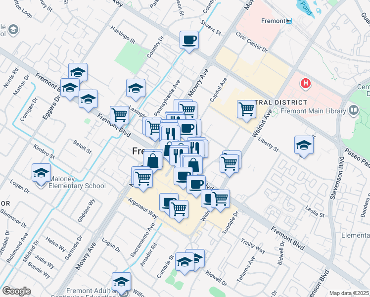 map of restaurants, bars, coffee shops, grocery stores, and more near 39138 Capitol Avenue in Fremont