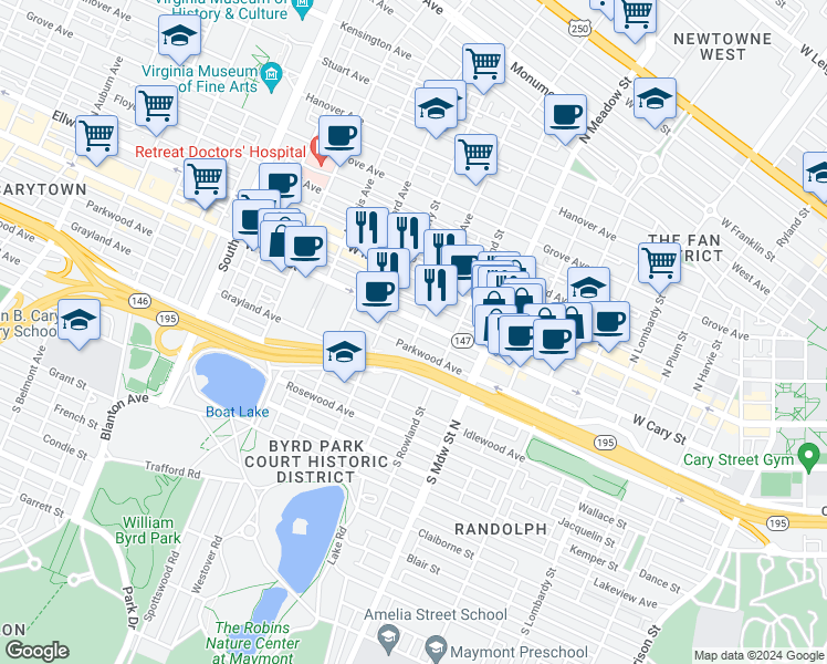map of restaurants, bars, coffee shops, grocery stores, and more near 100 South Shields Avenue in Richmond