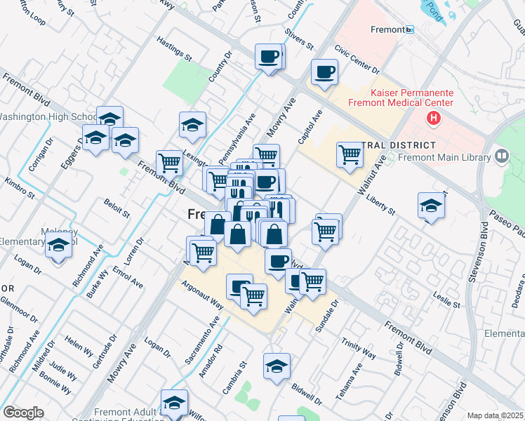 map of restaurants, bars, coffee shops, grocery stores, and more near 39138 Capitol Avenue in Fremont