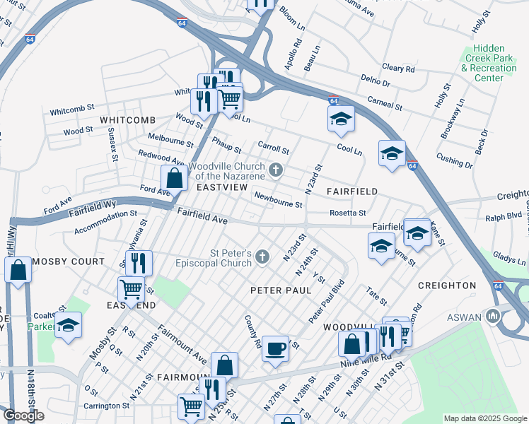 map of restaurants, bars, coffee shops, grocery stores, and more near 1905 North 21st Street in Richmond