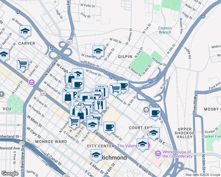 map of restaurants, bars, coffee shops, grocery stores, and more near 700 North 3rd Street in Richmond