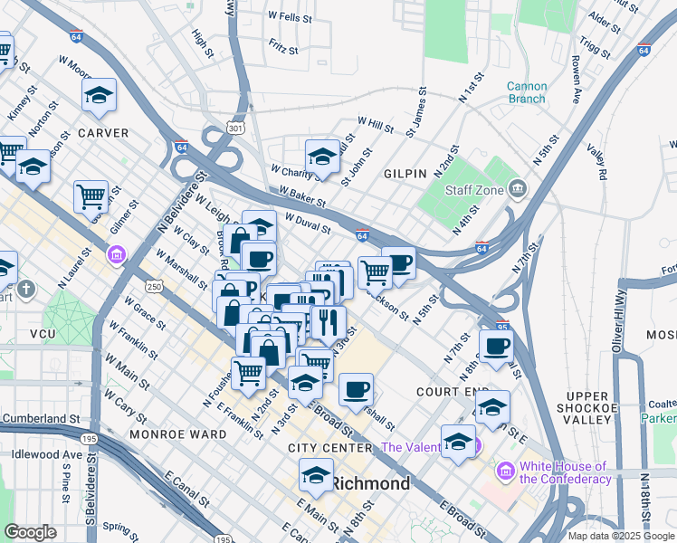 map of restaurants, bars, coffee shops, grocery stores, and more near 110 East Leigh Street in Richmond