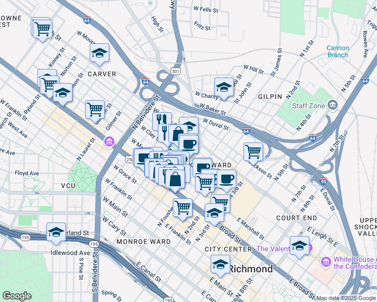 map of restaurants, bars, coffee shops, grocery stores, and more near 115 West Clay Street in Richmond
