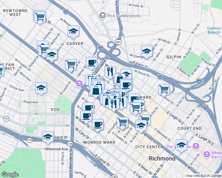 map of restaurants, bars, coffee shops, grocery stores, and more near 218 West Marshall Street in Richmond