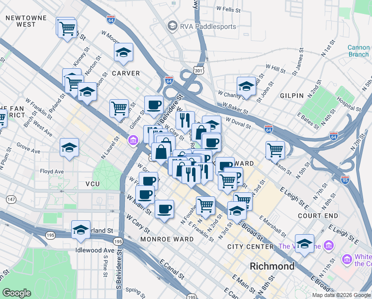 map of restaurants, bars, coffee shops, grocery stores, and more near 218 West Marshall Street in Richmond
