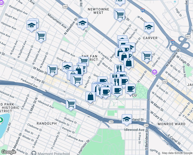 map of restaurants, bars, coffee shops, grocery stores, and more near 108 North Morris Street in Richmond