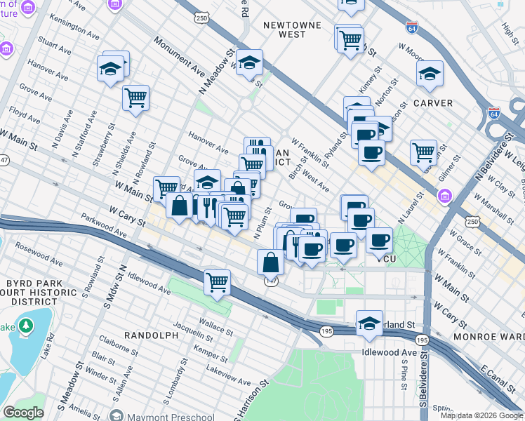 map of restaurants, bars, coffee shops, grocery stores, and more near 1418 Floyd Avenue in Richmond