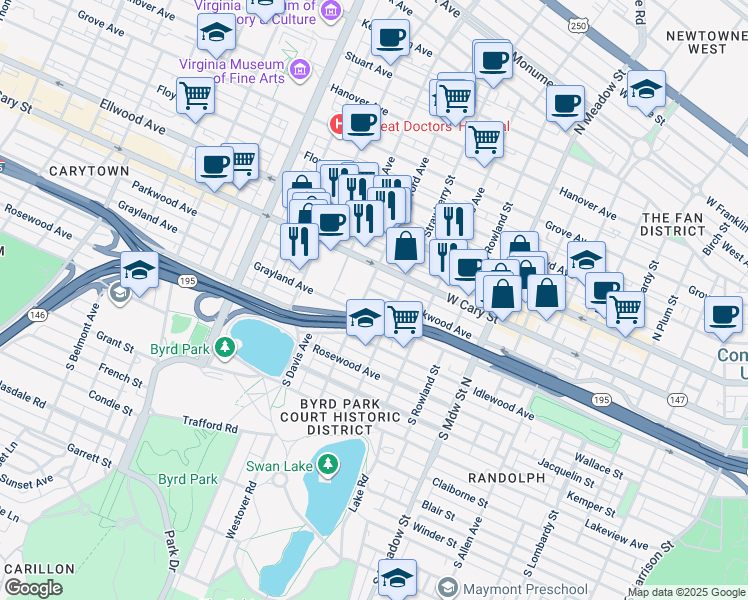 map of restaurants, bars, coffee shops, grocery stores, and more near 219 South Stafford Avenue in Richmond