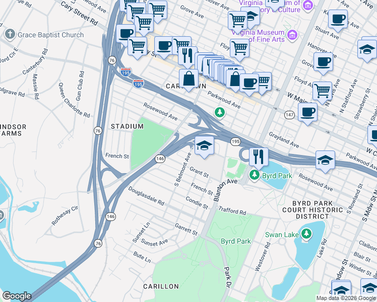map of restaurants, bars, coffee shops, grocery stores, and more near 3200 Grant Street in Richmond
