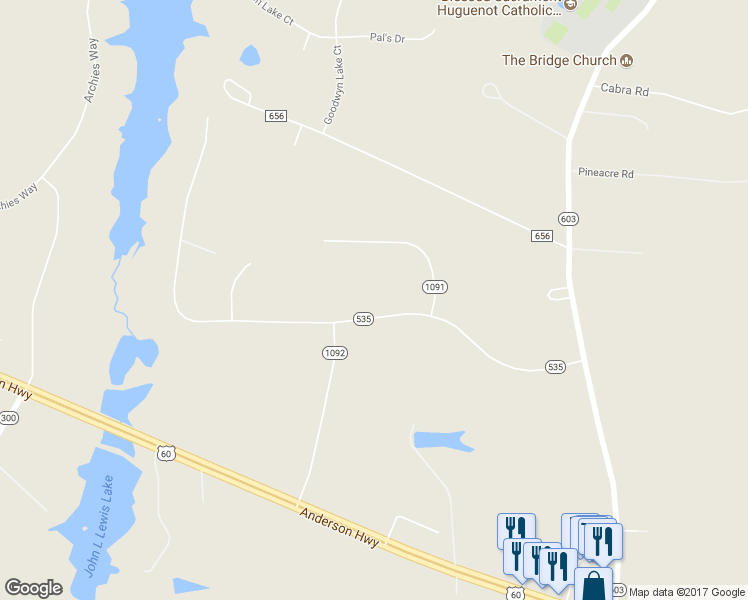 map of restaurants, bars, coffee shops, grocery stores, and more near 3481 State Route 535 in Powhatan