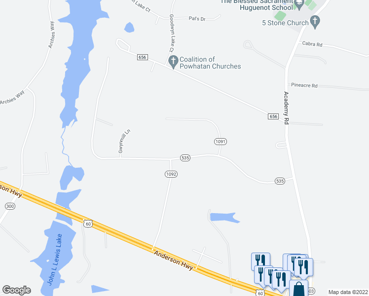 map of restaurants, bars, coffee shops, grocery stores, and more near 3481 State Route 535 in Powhatan