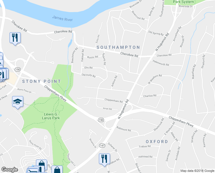 map of restaurants, bars, coffee shops, grocery stores, and more near 8714 Waxford Road in Richmond