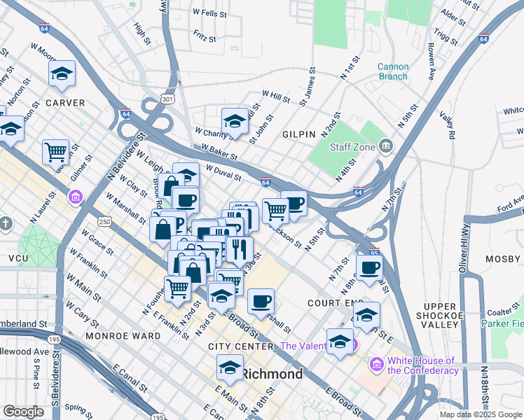 map of restaurants, bars, coffee shops, grocery stores, and more near 710 North 2nd Street in Richmond