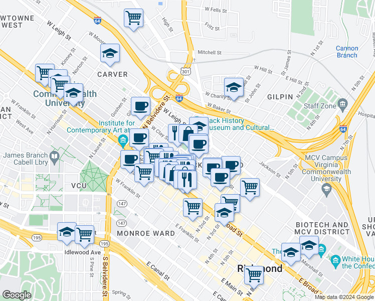 map of restaurants, bars, coffee shops, grocery stores, and more near 140 West Clay Street in Richmond