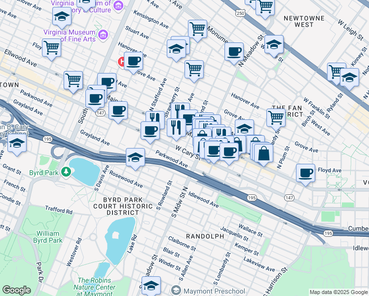 map of restaurants, bars, coffee shops, grocery stores, and more near 2100 West Cary Street in Richmond