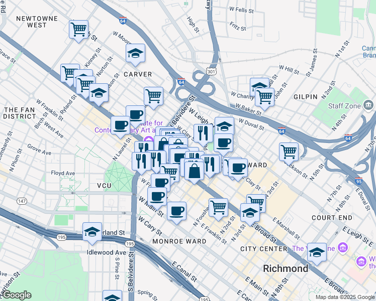 map of restaurants, bars, coffee shops, grocery stores, and more near 320 West Marshall Street in Richmond