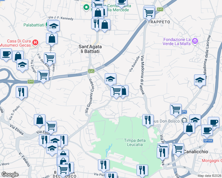map of restaurants, bars, coffee shops, grocery stores, and more near 3 Via Balatelle in Sant'agata Li Battiati