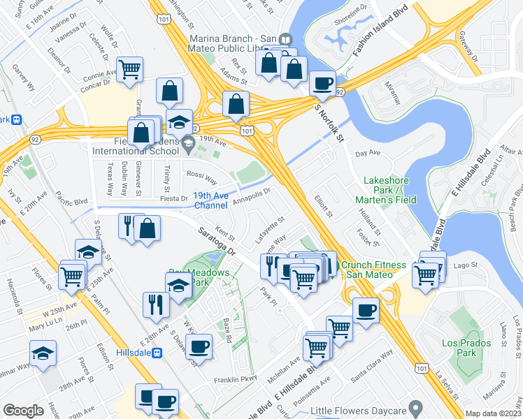 map of restaurants, bars, coffee shops, grocery stores, and more near 2225 Salisbury Way in San Mateo