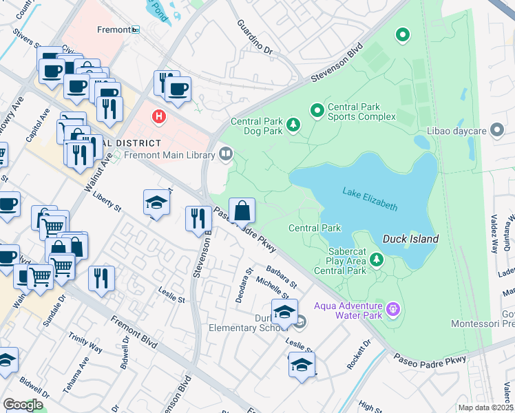 map of restaurants, bars, coffee shops, grocery stores, and more near 39770 Paseo Padre Parkway in Fremont