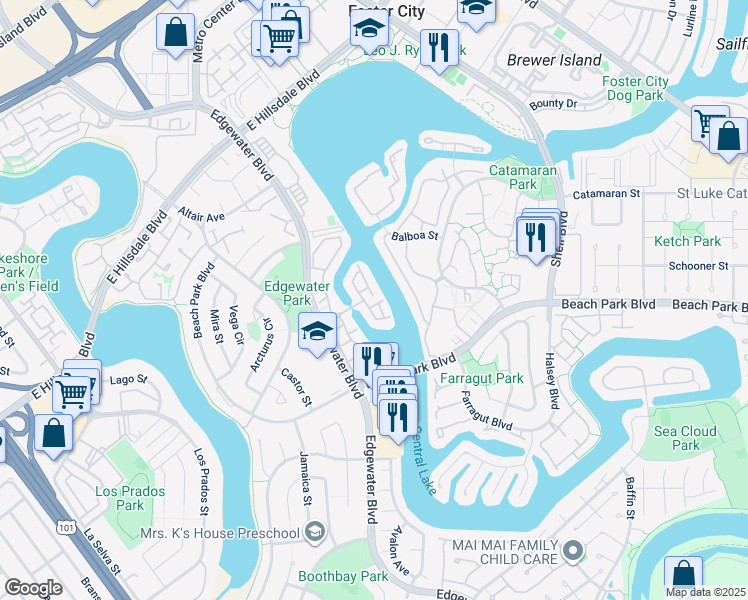 map of restaurants, bars, coffee shops, grocery stores, and more near 857 Lynx Lane in Foster City