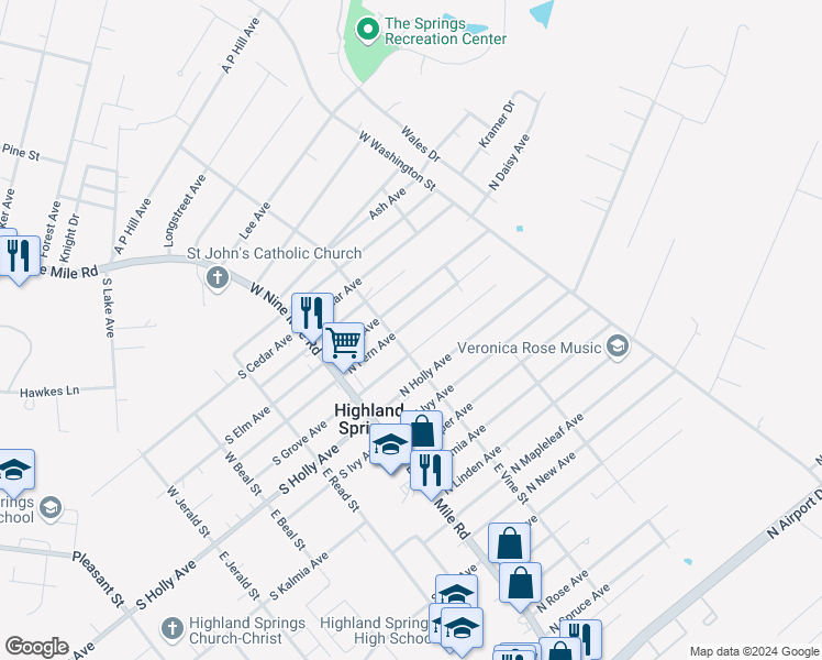 map of restaurants, bars, coffee shops, grocery stores, and more near 107 North Fern Avenue in Highland Springs