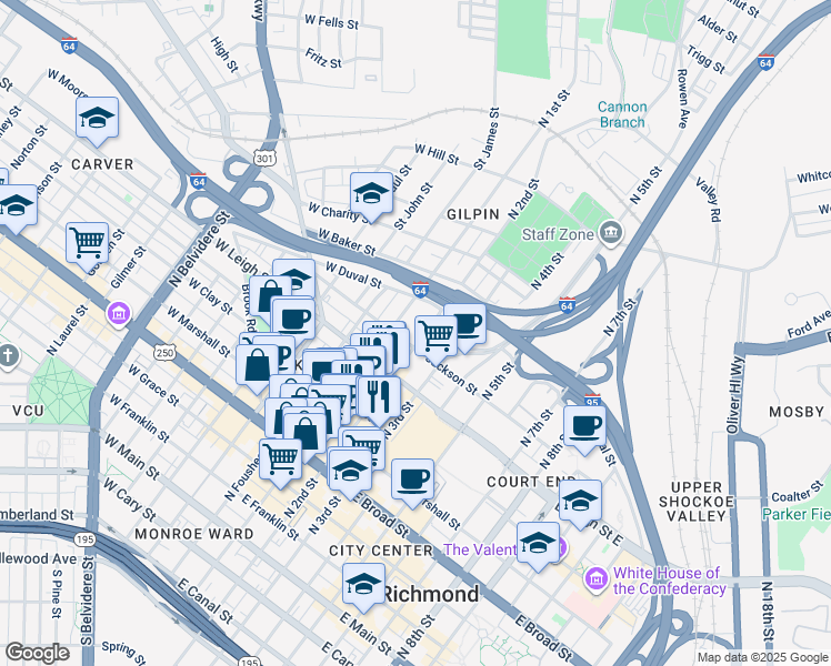map of restaurants, bars, coffee shops, grocery stores, and more near 710 North 2nd Street in Richmond
