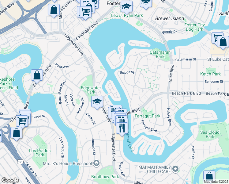 map of restaurants, bars, coffee shops, grocery stores, and more near 857 Lynx Lane in Foster City