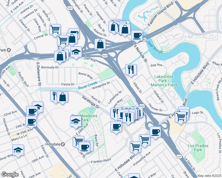 map of restaurants, bars, coffee shops, grocery stores, and more near 2225 Salisbury Way in San Mateo