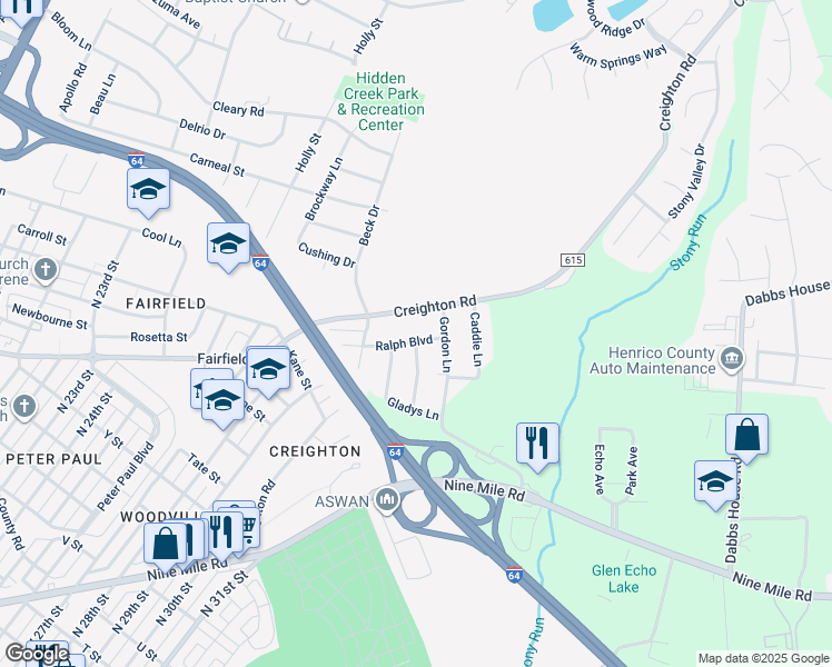 map of restaurants, bars, coffee shops, grocery stores, and more near 2916 Ralph Boulevard in Richmond