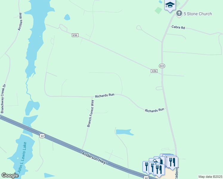 map of restaurants, bars, coffee shops, grocery stores, and more near 2315 Mary Goodwyn Road in Powhatan