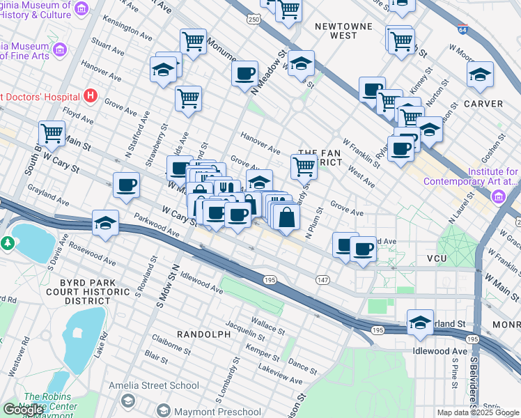 map of restaurants, bars, coffee shops, grocery stores, and more near 1701 Floyd Avenue in Richmond