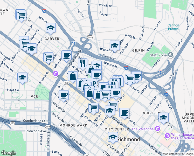 map of restaurants, bars, coffee shops, grocery stores, and more near 109 Pulliam Street in Richmond