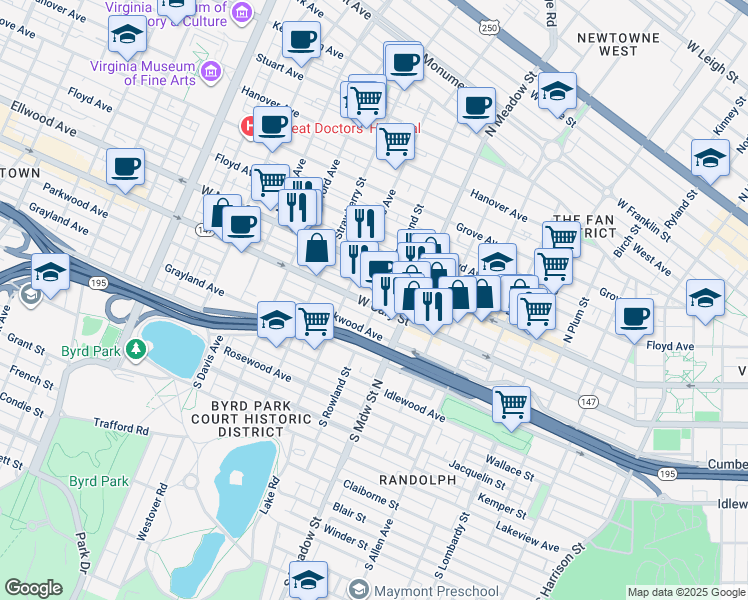 map of restaurants, bars, coffee shops, grocery stores, and more near 2105 West Main Street in Richmond