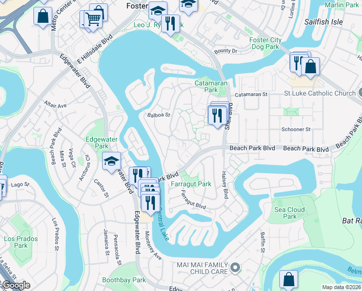 map of restaurants, bars, coffee shops, grocery stores, and more near 339 Catamaran Street in Foster City