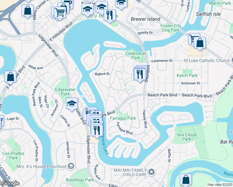 map of restaurants, bars, coffee shops, grocery stores, and more near 339 Catamaran Street in Foster City