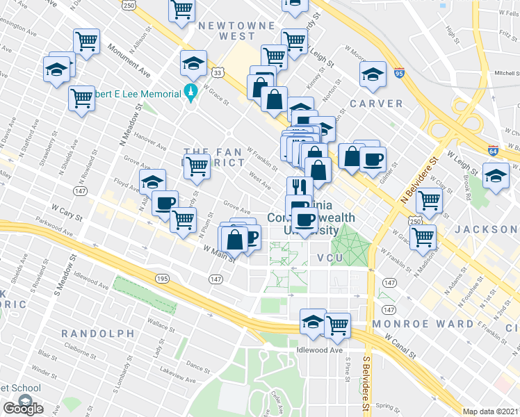 map of restaurants, bars, coffee shops, grocery stores, and more near in Richmond