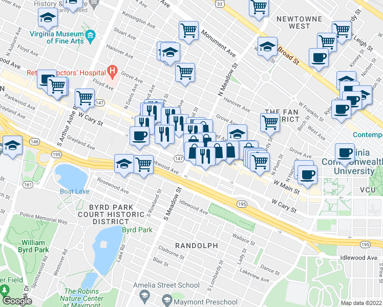 map of restaurants, bars, coffee shops, grocery stores, and more near 12 South Meadow Street in Richmond